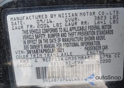 2016 Nissan Sentra Sv z USA, uszkodzony, nr VIN 3N1AB7AP6GL683521